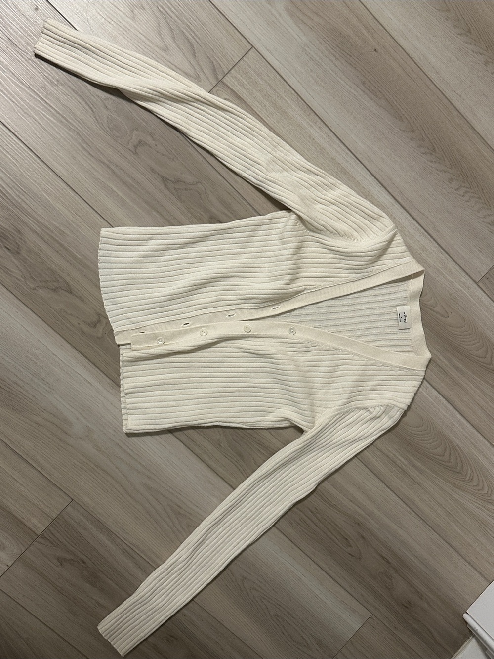 Cream Ribbed V-Neck Button Fitted Cardigan Sweater -  Women